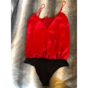 Red Spaghetti strap satin silky bodysuit wrap front